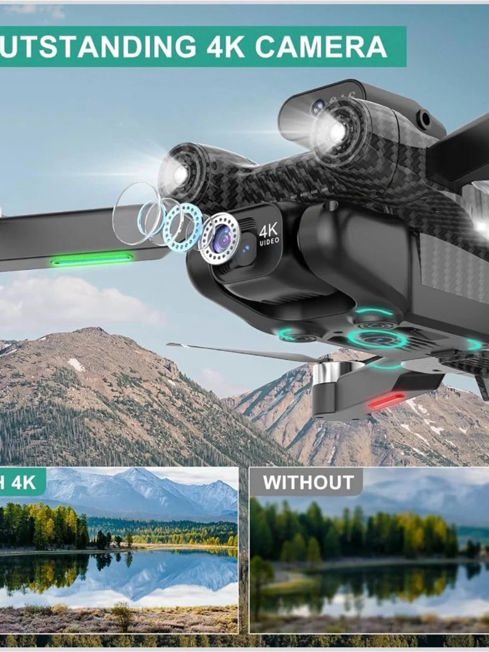 Carbon Black 4K Camera Foldable Drone with Dual Batteries & Carry Case New MSMV
